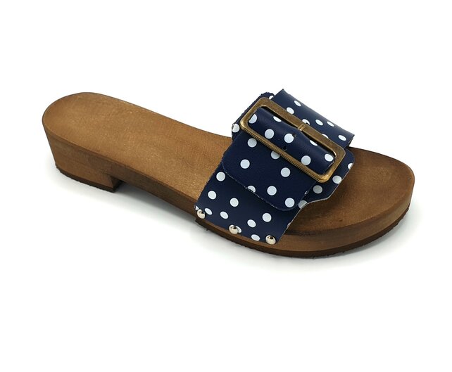 Houten sandalen blue dots met brede gesp