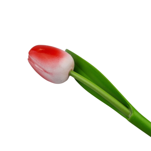 Wooden tulip red w/white on stem with leaf 30cm