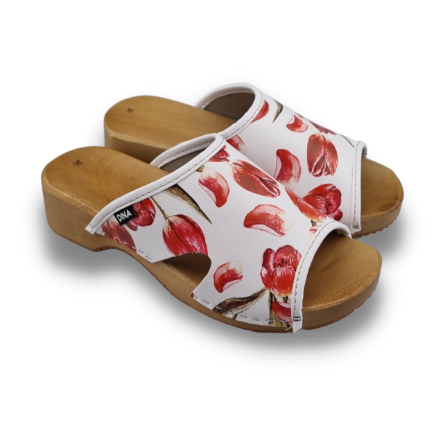 Wooden sandals with bright red tulips - Dina Sandals