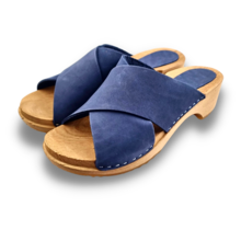 Wooden sandals with nubuck leather - Jeans Blue - Dina Sandals