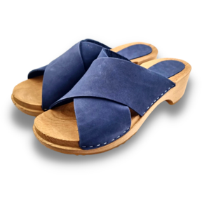 Wooden sandals with nubuck leather - Jeans Blue - Dina Sandals