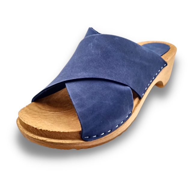 Wooden sandals with nubuck leather - Jeans Blue - Dina Sandals