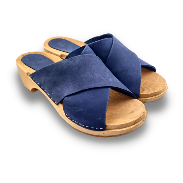 Wooden sandals with nubuck leather - Jeans Blue - Dina Sandals