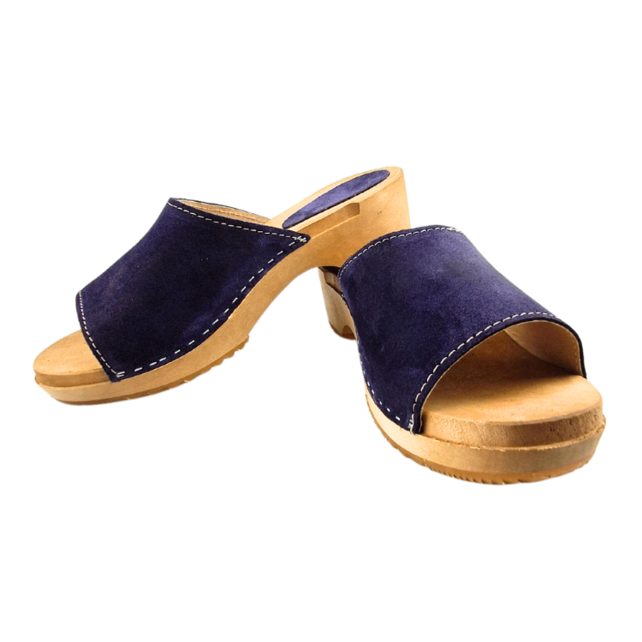Wooden sandals with suede leather - suede navy blue