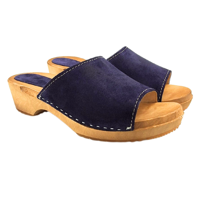 Wooden sandals with suede leather - suede navy blue