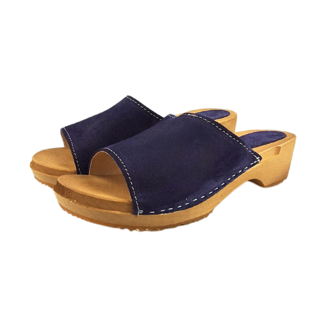 Wooden sandals with suede leather - suede navy blue