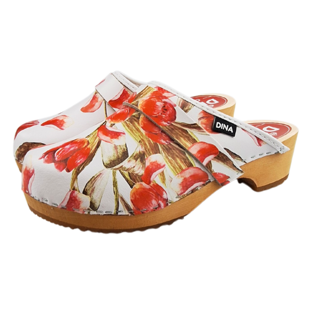 Zweedse klompen met Rode tulp - Dina clogs -