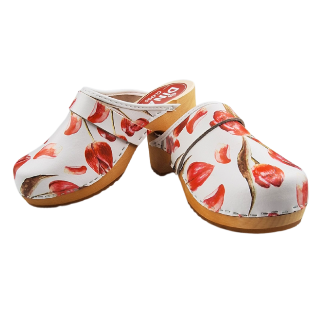 Zweedse klompen met Rode tulp - Dina clogs -