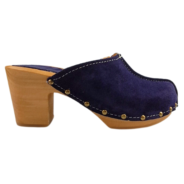 Navy blauw suede hoge hak clogs @Dina