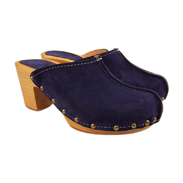 Navy Blue suede high heel clogs @Dina