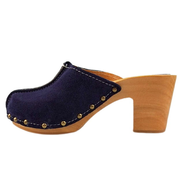 Navy blauw suede hoge hak clogs @Dina