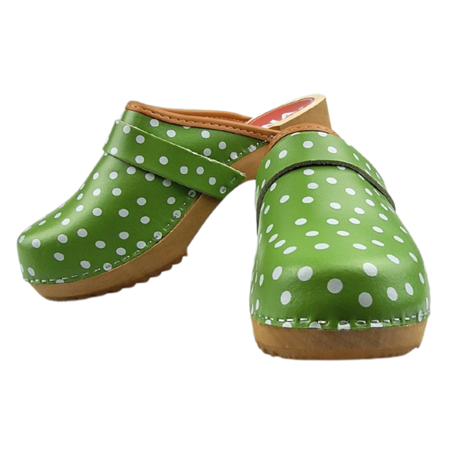 Zweedse klompen Groen polka dots