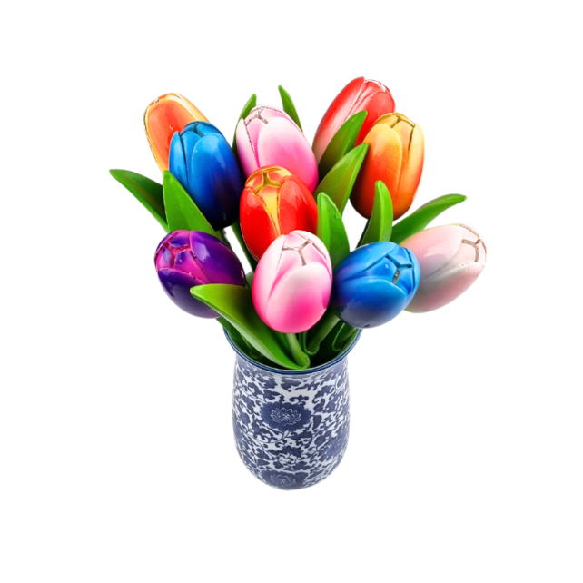 Wooden tulips in Delftblue vase - mix of 10 tulips Wooden tulips in Delftblue vase - mix of 10 tulips