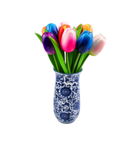 Wooden tulips in Delftblue vase - mix of 10 tulips