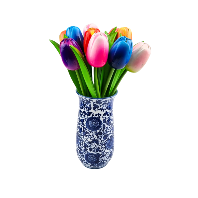 Houten tulpen in Delftsblauwe vaas - mix van 10 tulpen