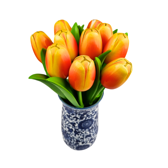 Houten tulpen in Delftsblauwe vaas - 10 oranje tulpen