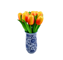 Wooden tulips in Delftblue vase - 10 orange tulips