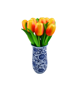 Wooden tulips in Delftblue vase - 10 orange tulips