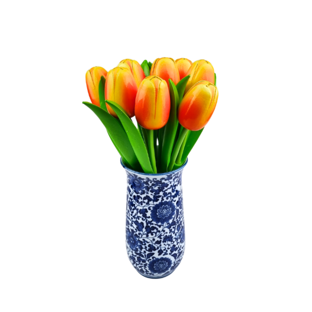 Wooden tulips in Delftblue vase - 10 orange tulips