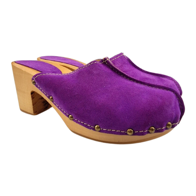 Purple high heel suede clogs @Dina