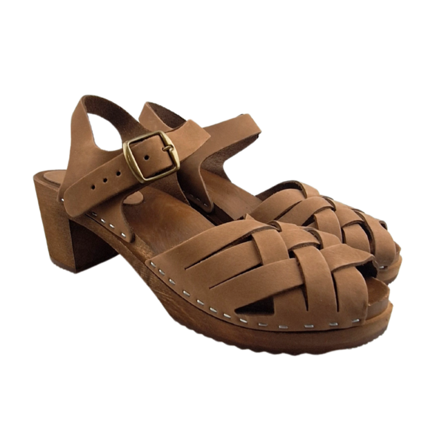 Dina Heels Betty - Coffee Brown -  gevlochten met Nubuck leer