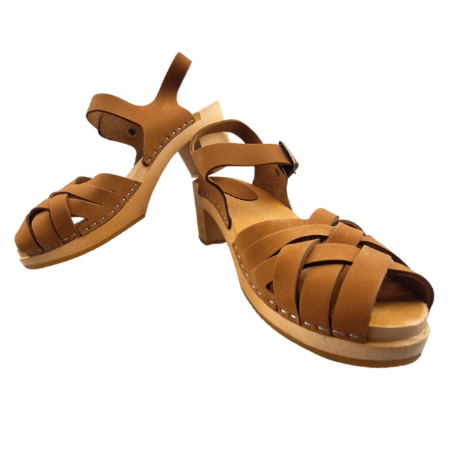 Dina Heels Betty - Cognac -  gevlochten met Nubuck leer