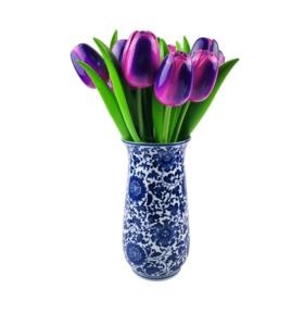 Wooden tulips in Delftblue vase - 10 purple tulips