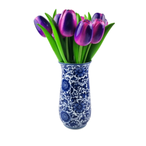 Wooden tulips in Delftblue vase - 10 purple tulips