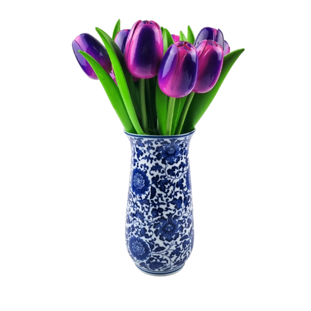 Wooden tulips in Delftblue vase - 10 purple tulips