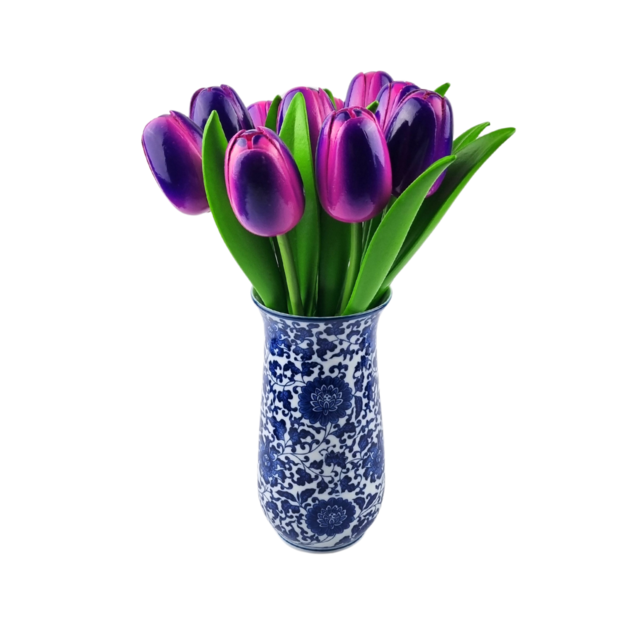 Houten tulpen in Delftsblauwe vaas - 10 paarse tulpen