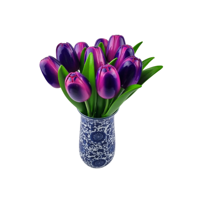 Wooden tulips in Delftblue vase - 10 purple tulips