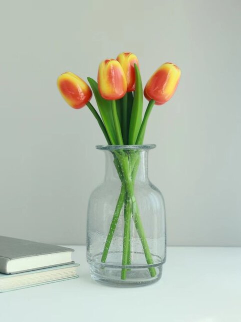 Houten tulp oranje op steel met blad 30cm