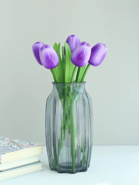 Houten tulp paars op steel met blad 30cm