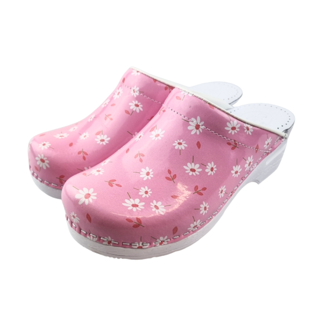 Medical clogs - PU sole and open heel - Pink with daisies