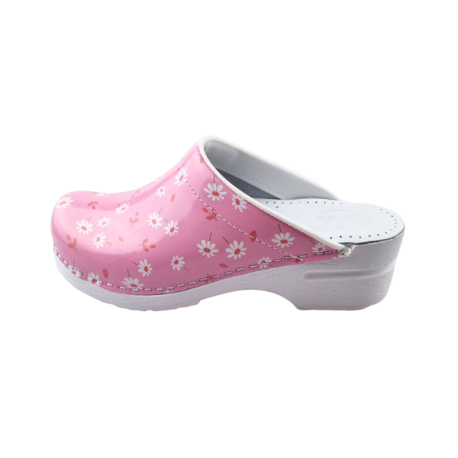 Medical clogs - PU sole and open heel - Pink with daisies