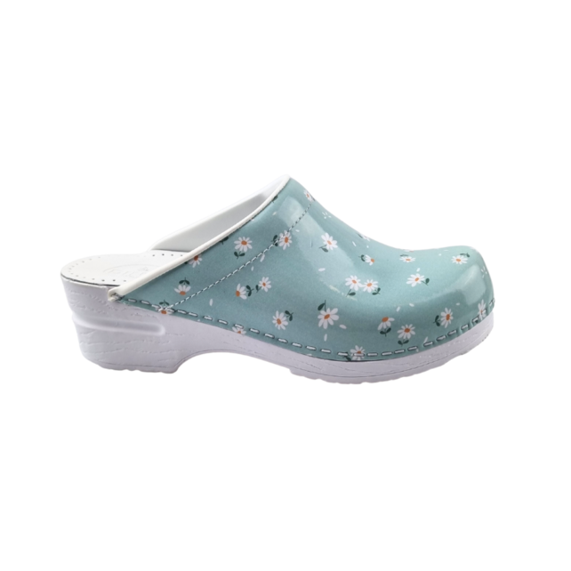 Medical clogs - PU sole and open heel - Blue with daisies