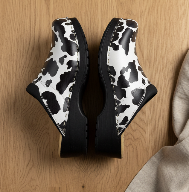 Medical clogs - cow print black sole - Dina