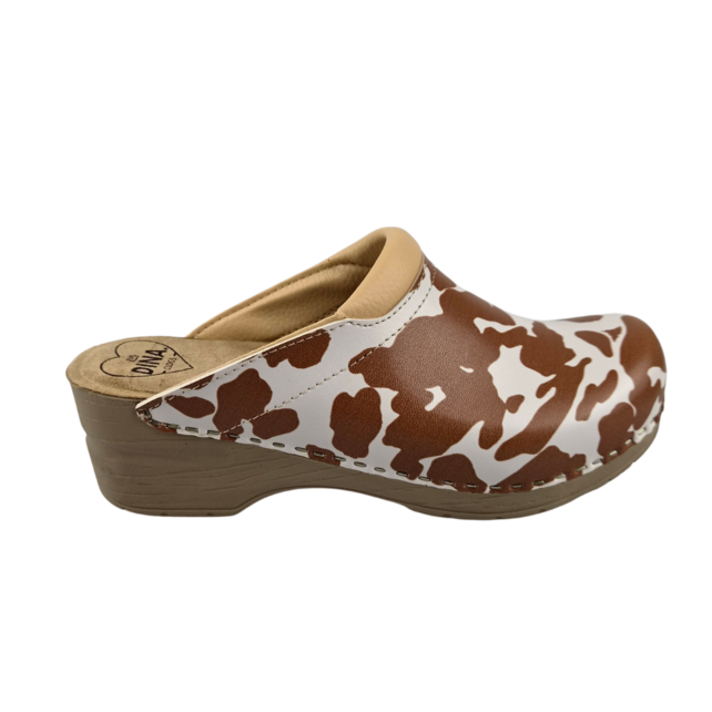 Medical clogs - beige cow print with beige sole - Dina