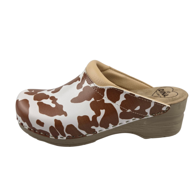 Medical clogs - beige cow print with beige sole - Dina