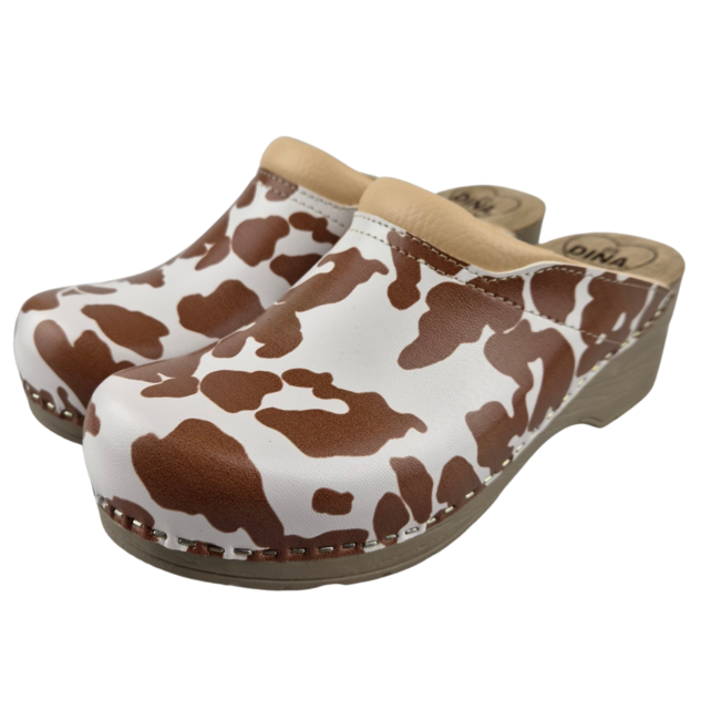 Medical clogs - beige cow print with beige sole - Dina