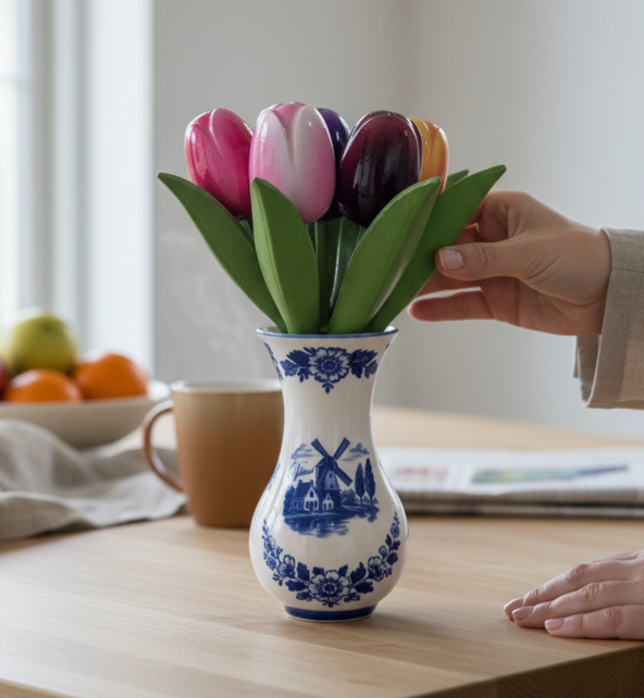 Houten Tulpen in Delfts Blauwe Vaas (±20–24 cm) – Hollandse Mini Sfeer