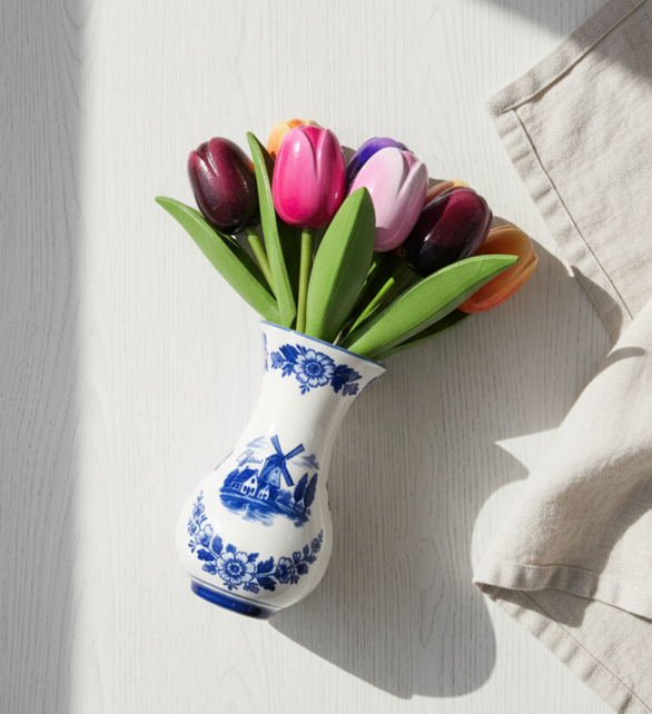 Wooden Tulips in Delft Blue Vase (±20–24 cm) – Dutch Mini Atmosphere
