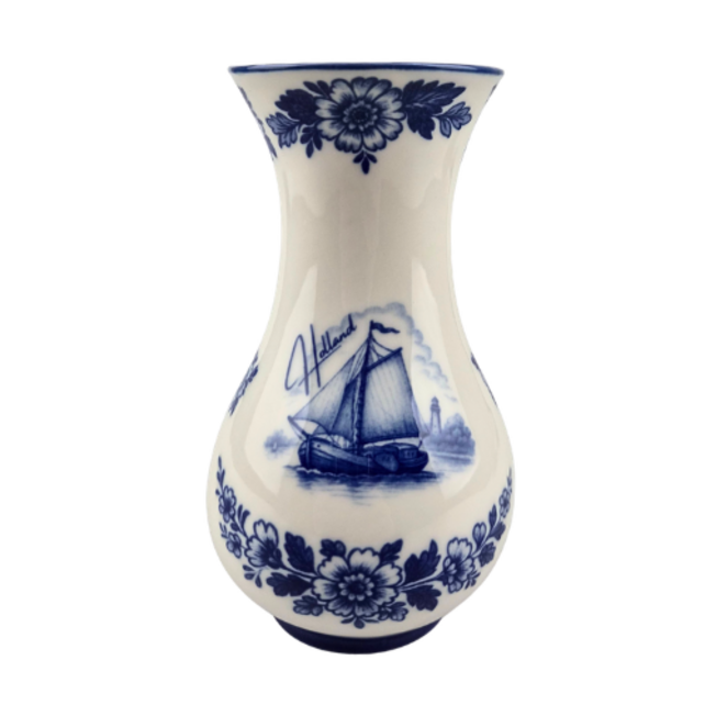 Wooden Tulips in Delft Blue Vase (±20–24 cm) – Dutch Mini Atmosphere