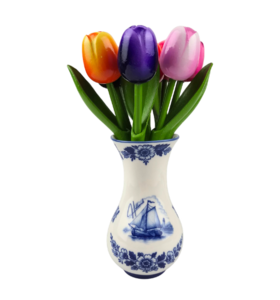 Wooden Tulips in Delft Blue Vase (±20–24 cm) – Dutch Mini Atmosphere