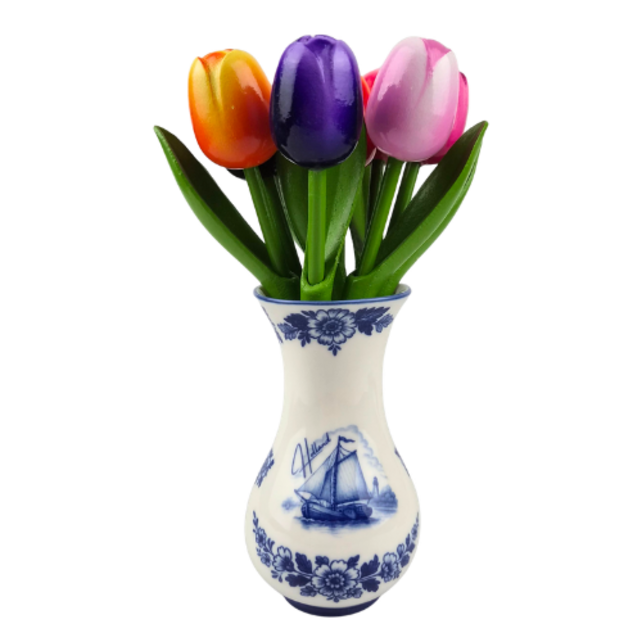 Houten Tulpen in Delfts Blauwe Vaas (±20–24 cm) – Hollandse Mini Sfeer