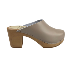 Scandinavian Clog Heels – Taupe Leather & Wooden Heel
