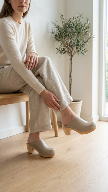 Scandinavische Clog Heels – Taupe Leder & Houten Hak