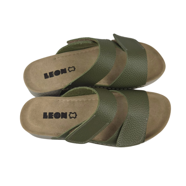 Sandalen olijfgroen - dubbele band - materiaal: Leer & Polyurethaan