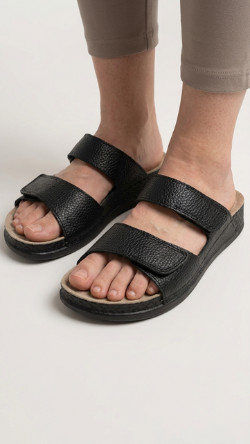 Sandalen zwart - dubbele band - materiaal: Leer & Polyurethaan
