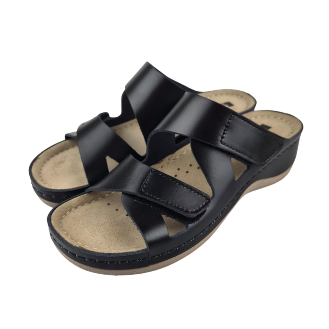 Laura sandals black - double strap - material: Leather & Polyurethane
